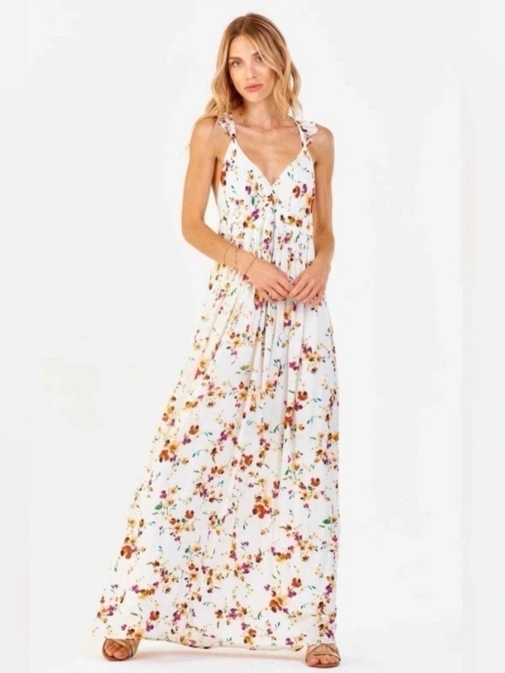 Dear John White Floral Midi Dress with Pink & Orange Blooms Size S